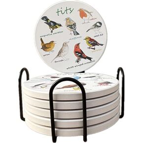 Bird Ceramic Coasters For Drinks with Holder And Cork Base, Set Of 6 All Kinds Of Birds Absorbent Coasters For Coffee Table