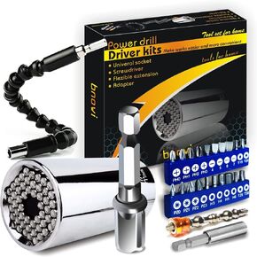 Home DIY tools Universal Socket Wrench Auto Adjustable Size(7-19mm) with Strong Magnetic Screw Driver and Bendable Extension Cable for Corner Driving Screw Gifts for man Christmas