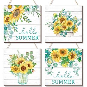 4 Pcs Sunflower Wall Decor Hello Summer Sign Rustic Wood Decor Farmhouse Welcome Summer Wall Hanging Plaque Wooden Wall Decor for Home Front Door Kitchen Office School, 7.87 x 7.87 Inch(Sunflower)