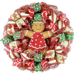 Girl Gingerbread Wreath | Outdoor Christmas Wreath | Mesh Front Door Wreath | Red Brown White