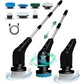 Factor VIP Electric Spin Scrubber - Shower Scrubber with Long Handle Spin Brush for Cleaning with 8 Brush Heads Cordless Dual Speed Electric Scrubber for Cleaning (White)