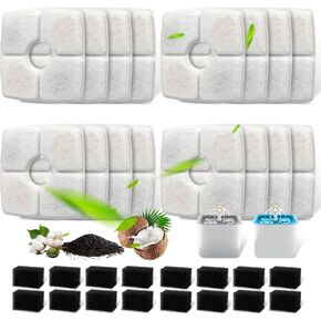 16 + 16 Pack Replacement Filters & Pre-Filter Sponges for Veken 67oz/2L, 95oz/2.8L, 135oz/4L Pet Fountain, Triple Filtration System Filter Set for Cat Water Fountain & Dog Water Dispenser