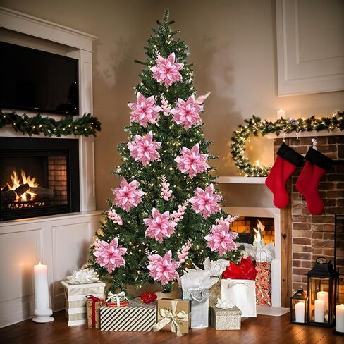 24PCS Christmas Flowers and Berries Champagne Christmas Glitter Poinsettia Flowers Artificial Berry Picks Christmas Tree Ornaments with Clips Stems for Xmas Wedding Wreath Floral Decorations in Saudi Arabia