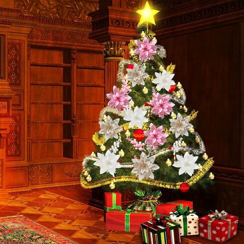 24PCS Christmas Flowers and Berries Champagne Christmas Glitter Poinsettia Flowers Artificial Berry Picks Christmas Tree Ornaments with Clips Stems for Xmas Wedding Wreath Floral Decorations in Saudi Arabia