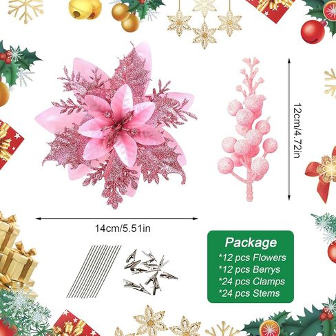 24PCS Christmas Flowers and Berries Champagne Christmas Glitter Poinsettia Flowers Artificial Berry Picks Christmas Tree Ornaments with Clips Stems for Xmas Wedding Wreath Floral Decorations in Saudi Arabia