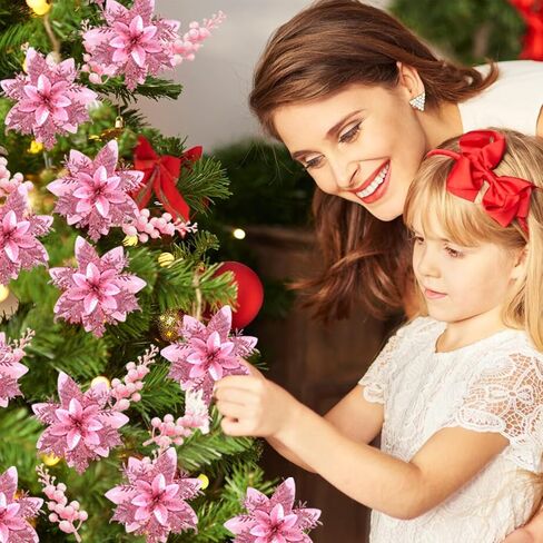 24PCS Christmas Flowers and Berries Champagne Christmas Glitter Poinsettia Flowers Artificial Berry Picks Christmas Tree Ornaments with Clips Stems for Xmas Wedding Wreath Floral Decorations in Saudi Arabia