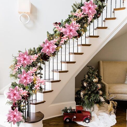 24PCS Christmas Flowers and Berries Champagne Christmas Glitter Poinsettia Flowers Artificial Berry Picks Christmas Tree Ornaments with Clips Stems for Xmas Wedding Wreath Floral Decorations in Saudi Arabia