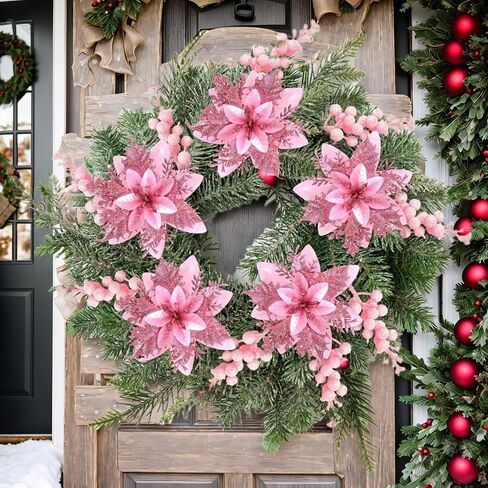 24PCS Christmas Flowers and Berries Champagne Christmas Glitter Poinsettia Flowers Artificial Berry Picks Christmas Tree Ornaments with Clips Stems for Xmas Wedding Wreath Floral Decorations in Saudi Arabia