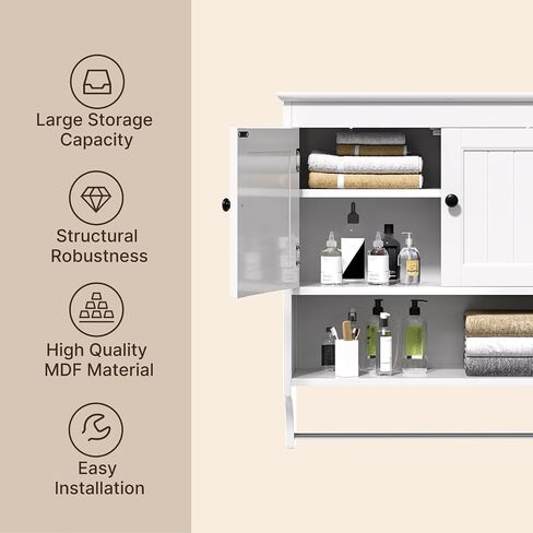 Bealife Bathroom Wall Cabinet with Towels Bar, Wall Mounted Medicine Cabinet with 2 Door and Adjustable Shelves, Space Saver Over Toilet Storage Cabinet for Bathroom Laundry Room Kitchen, White in Saudi Arabia
