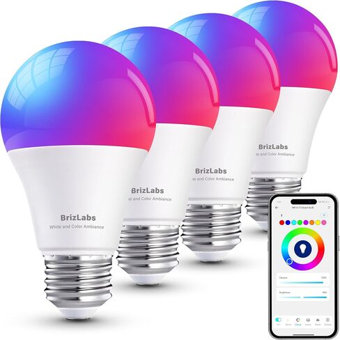 BrizLabs Smart Light Bulbs, RGBWW LED Light Bulb, Color Changing Light Bulb, App Control WiFi Light Bulb Compatible with Alexa and Google Home, 806 Lumens, A19, E26, 2.4 GHz, No Hub Required, 4 Pack in Saudi Arabia