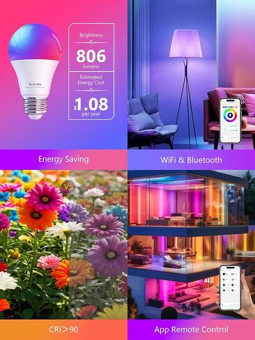 BrizLabs Smart Light Bulbs, RGBWW LED Light Bulb, Color Changing Light Bulb, App Control WiFi Light Bulb Compatible with Alexa and Google Home, 806 Lumens, A19, E26, 2.4 GHz, No Hub Required, 4 Pack in Saudi Arabia