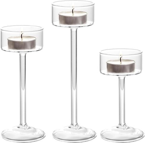 Glass Candle Holder for Tea Light, 3Pcs Clear Hurricane Candle Holder for Table Centerpiece, Tealight Candle Holder Centerpiece for Dining Room Table Wedding Party Home Decor in Saudi Arabia