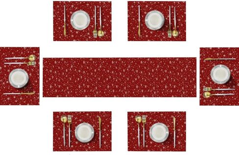 مفرش طاولة رقاقات الثلج الحمراء لعيد الميلاد من إمفينسي مع 6 مفارش، مجموعة مفارش طاولة ديكور غرفة الطعام لديكور طاولة القهوة في المطبخ (مفرش طاولة واحد بطول 72 بوصة و6 مفارش) in Kuwait