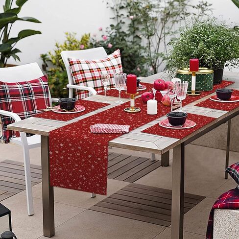 مفرش طاولة رقاقات الثلج الحمراء لعيد الميلاد من إمفينسي مع 6 مفارش، مجموعة مفارش طاولة ديكور غرفة الطعام لديكور طاولة القهوة في المطبخ (مفرش طاولة واحد بطول 72 بوصة و6 مفارش) in Kuwait