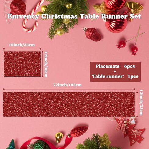 مفرش طاولة رقاقات الثلج الحمراء لعيد الميلاد من إمفينسي مع 6 مفارش، مجموعة مفارش طاولة ديكور غرفة الطعام لديكور طاولة القهوة في المطبخ (مفرش طاولة واحد بطول 72 بوصة و6 مفارش) in Kuwait