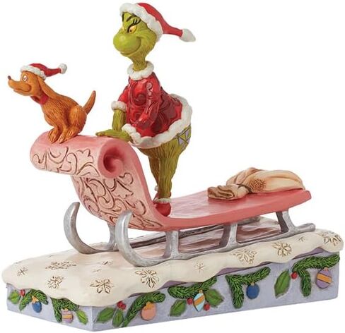 Enesco Dr. Seuss Grinch من Jim Shore Santa Grinch مع تمثال Max Riding on Sleigh، تمثال منحوت لديكور المنزل مصنوع يدويًا من الراتنج الحجري، 6.75 بوصة، متعدد الألوان in Saudi Arabia