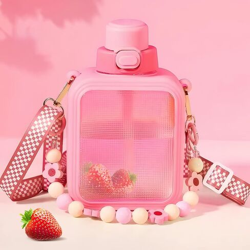 25oz Cute Square Water Bottle with Straw and Detachable Carry Handle, Reusable, BPA Free,Kawaii Portable Transparent Water Cup with Stickers for School Office Travel(Pink) in Saudi Arabia