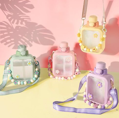 25oz Cute Square Water Bottle with Straw and Detachable Carry Handle, Reusable, BPA Free,Kawaii Portable Transparent Water Cup with Stickers for School Office Travel(Pink) in Saudi Arabia