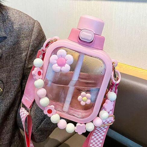 25oz Cute Square Water Bottle with Straw and Detachable Carry Handle, Reusable, BPA Free,Kawaii Portable Transparent Water Cup with Stickers for School Office Travel(Pink) in Saudi Arabia