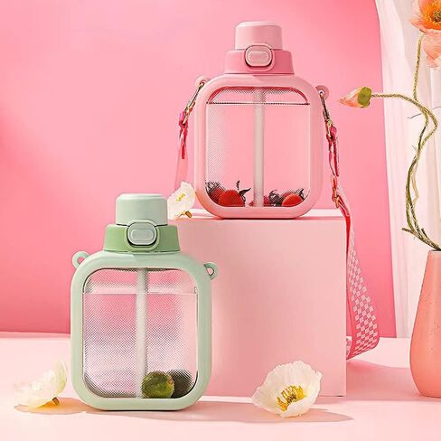 25oz Cute Square Water Bottle with Straw and Detachable Carry Handle, Reusable, BPA Free,Kawaii Portable Transparent Water Cup with Stickers for School Office Travel(Pink) in Saudi Arabia