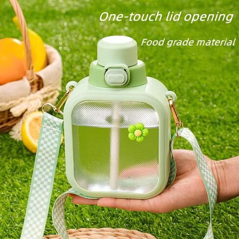 25oz Cute Square Water Bottle with Straw and Detachable Carry Handle, Reusable, BPA Free,Kawaii Portable Transparent Water Cup with Stickers for School Office Travel(Pink) in Saudi Arabia