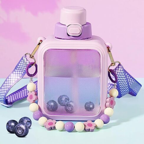 25oz Cute Square Water Bottle with Straw and Detachable Carry Handle, Reusable, BPA Free,Kawaii Portable Transparent Water Cup with Stickers for School Office Travel(Pink) in Saudi Arabia
