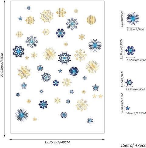 funlife Winter Snowflakes and Snowball Decorative Stained Window Decal, Double Sided Thickened Static Cling Glass Covering for Bathroom Glass Window Decor, Blue and Gold Snowflakes 15.75"x22.05" in Saudi Arabia