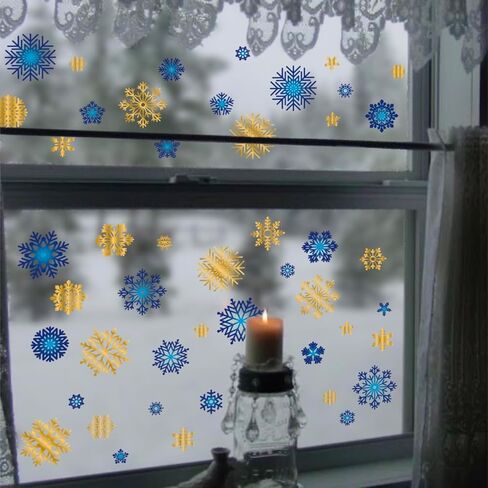 funlife Winter Snowflakes and Snowball Decorative Stained Window Decal, Double Sided Thickened Static Cling Glass Covering for Bathroom Glass Window Decor, Blue and Gold Snowflakes 15.75"x22.05" in Saudi Arabia