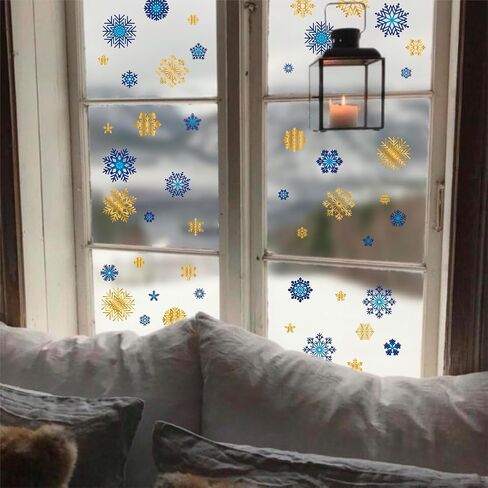 funlife Winter Snowflakes and Snowball Decorative Stained Window Decal, Double Sided Thickened Static Cling Glass Covering for Bathroom Glass Window Decor, Blue and Gold Snowflakes 15.75"x22.05" in Saudi Arabia