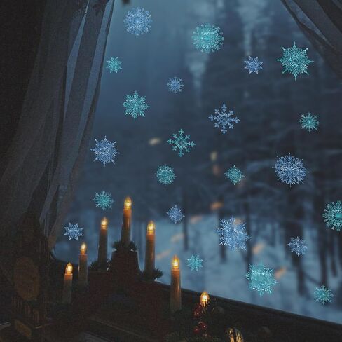 funlife Winter Snowflakes and Snowball Decorative Stained Window Decal, Double Sided Thickened Static Cling Glass Covering for Bathroom Glass Window Decor, Blue and Gold Snowflakes 15.75"x22.05" in Saudi Arabia