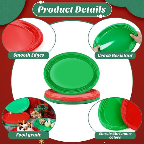 Aodaer 36 Pack Christmas Disposable Oval Plastic Plates 10 x 12 Inch Large Oval Shaped Dinner Plates Heavy Duty Plastic Plates for Christmas Party Birthday Picnic Family Gatherings (Red, Green) in Saudi Arabia