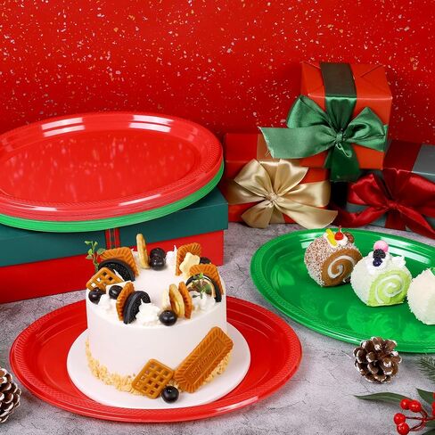 Aodaer 36 Pack Christmas Disposable Oval Plastic Plates 10 x 12 Inch Large Oval Shaped Dinner Plates Heavy Duty Plastic Plates for Christmas Party Birthday Picnic Family Gatherings (Red, Green) in Saudi Arabia