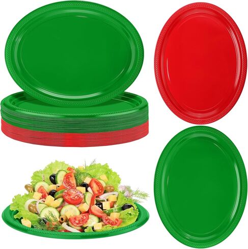 Aodaer 36 Pack Christmas Disposable Oval Plastic Plates 10 x 12 Inch Large Oval Shaped Dinner Plates Heavy Duty Plastic Plates for Christmas Party Birthday Picnic Family Gatherings (Red, Green) in Saudi Arabia