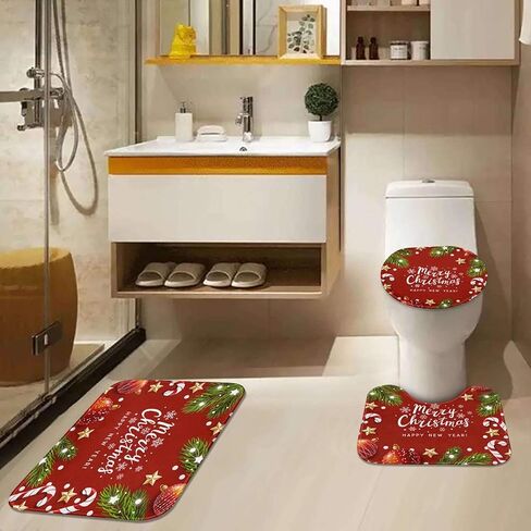 ArtSocket Christmas Bathroom Rugs and Mats Sets 3 Piece, Xmas Ball Candy Cane Snowflakes Bathroom Rugs Non Slip, Winter Absorbent Microfiber Memory Foam Bath Mat Machine Washable Floor Mats in Kuwait