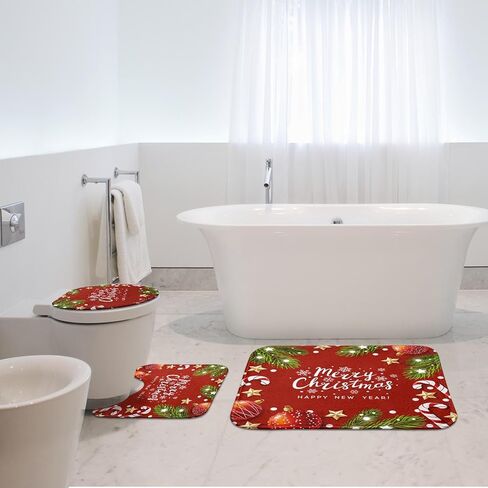 ArtSocket Christmas Bathroom Rugs and Mats Sets 3 Piece, Xmas Ball Candy Cane Snowflakes Bathroom Rugs Non Slip, Winter Absorbent Microfiber Memory Foam Bath Mat Machine Washable Floor Mats in Kuwait