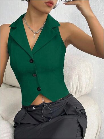 سترة نسائية SweatyRocks ذات طية صدر السترة وأزرار أمامية قصيرة وصدرية بدون أكمام in Saudi Arabia