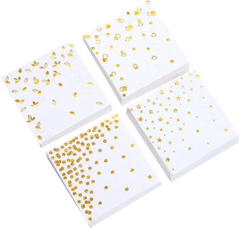 100 PK Gold Napkins - 4 Assorted Designs - 3-Ply Cocktail Napkins Folded 5 x 5 Inches Bar Napkins Disposable Party Napkins Paper Napkins Dinner for Wedding Baby Shower Birthday Graduation 2023 in Kuwait