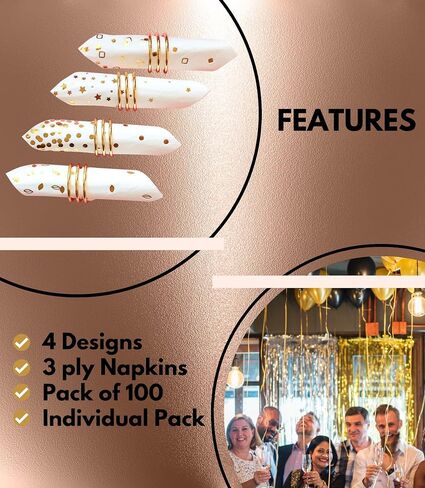 100 PK Gold Napkins - 4 Assorted Designs - 3-Ply Cocktail Napkins Folded 5 x 5 Inches Bar Napkins Disposable Party Napkins Paper Napkins Dinner for Wedding Baby Shower Birthday Graduation 2023 in Kuwait