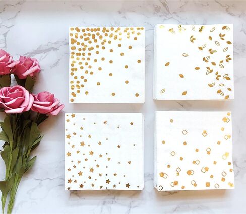 100 PK Gold Napkins - 4 Assorted Designs - 3-Ply Cocktail Napkins Folded 5 x 5 Inches Bar Napkins Disposable Party Napkins Paper Napkins Dinner for Wedding Baby Shower Birthday Graduation 2023 in Kuwait