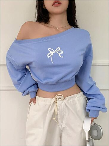 Women's Off The Shoulder Sweatshirts Bow Long Sleeve Pullover Tops Cropped Sweatshirt Fall Tops in Saudi Arabia