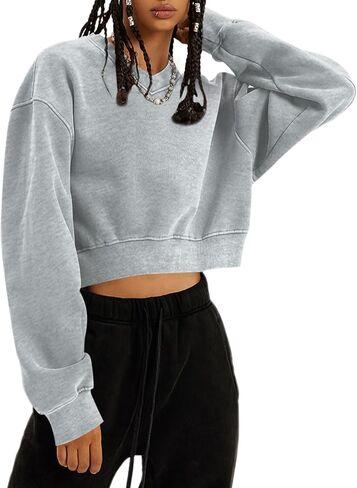 Bobeutou Womens V Neck Cropped Sweatshirt Long Sleeve Crop Pullover Fleece Hoodie Fall Fashion Athletic Workout Crop Tops in Saudi Arabia