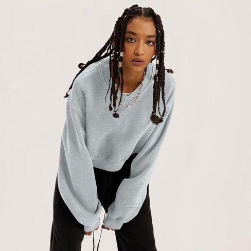 Bobeutou Womens V Neck Cropped Sweatshirt Long Sleeve Crop Pullover Fleece Hoodie Fall Fashion Athletic Workout Crop Tops in Saudi Arabia
