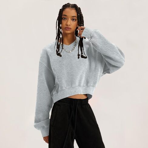 Bobeutou Womens V Neck Cropped Sweatshirt Long Sleeve Crop Pullover Fleece Hoodie Fall Fashion Athletic Workout Crop Tops in Saudi Arabia