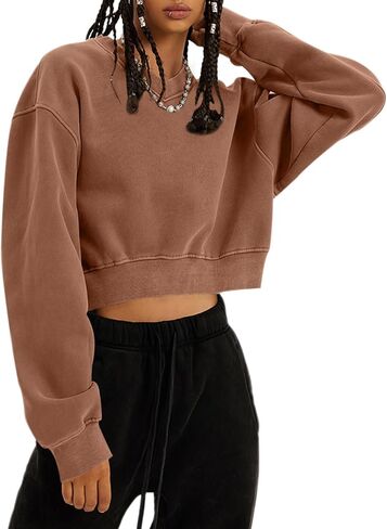 Bobeutou Womens V Neck Cropped Sweatshirt Long Sleeve Crop Pullover Fleece Hoodie Fall Fashion Athletic Workout Crop Tops in Saudi Arabia
