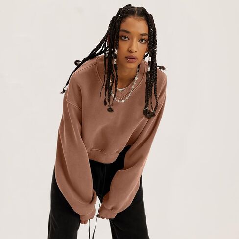 Bobeutou Womens V Neck Cropped Sweatshirt Long Sleeve Crop Pullover Fleece Hoodie Fall Fashion Athletic Workout Crop Tops in Saudi Arabia