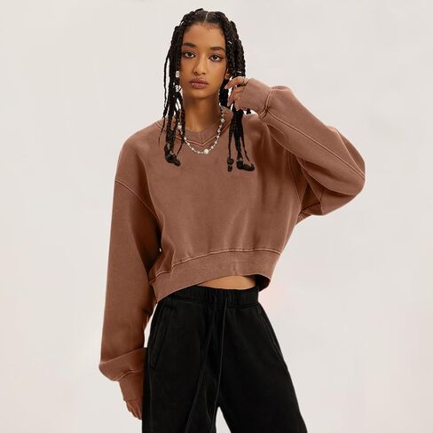 Bobeutou Womens V Neck Cropped Sweatshirt Long Sleeve Crop Pullover Fleece Hoodie Fall Fashion Athletic Workout Crop Tops in Saudi Arabia