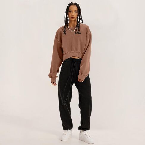 Bobeutou Womens V Neck Cropped Sweatshirt Long Sleeve Crop Pullover Fleece Hoodie Fall Fashion Athletic Workout Crop Tops in Saudi Arabia