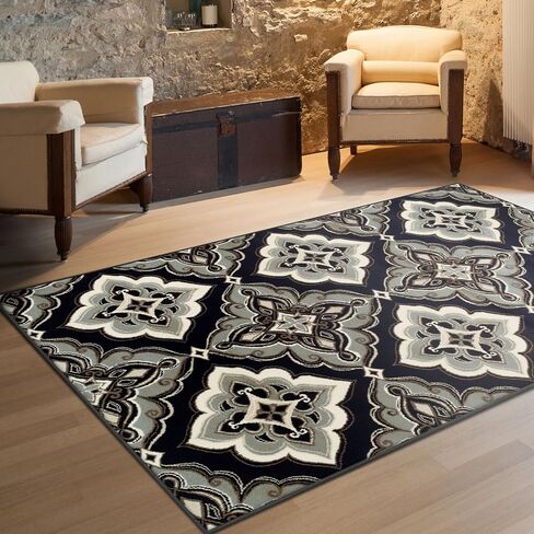 Superior Indoor Area Rug, Jute Backing, Medallion Rugs for Entryway, Living Room, Kitchen Floors, Bedroom, Office, Plush Floor Cover, Traditional Aesthetic, Crawford Collection, 4' x 6', Black Ivory in Kuwait