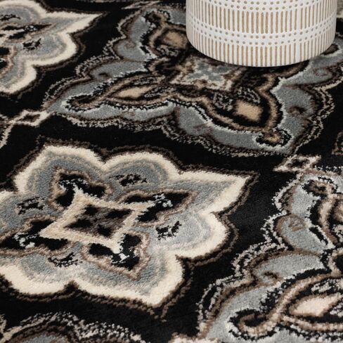 Superior Indoor Area Rug, Jute Backing, Medallion Rugs for Entryway, Living Room, Kitchen Floors, Bedroom, Office, Plush Floor Cover, Traditional Aesthetic, Crawford Collection, 4' x 6', Black Ivory in Kuwait