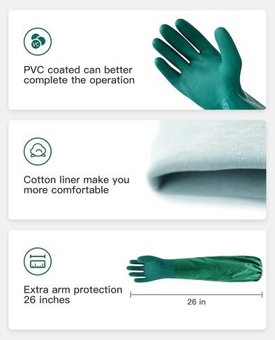 PACIFIC PPE 26" Rubber Gloves, Chemical Resistant Gloves PVC Reusable, Heavy Duty Waterproof Gloves with Cotton Liner, Anti-skid, Acid-alkali and Oil, Large in Kuwait